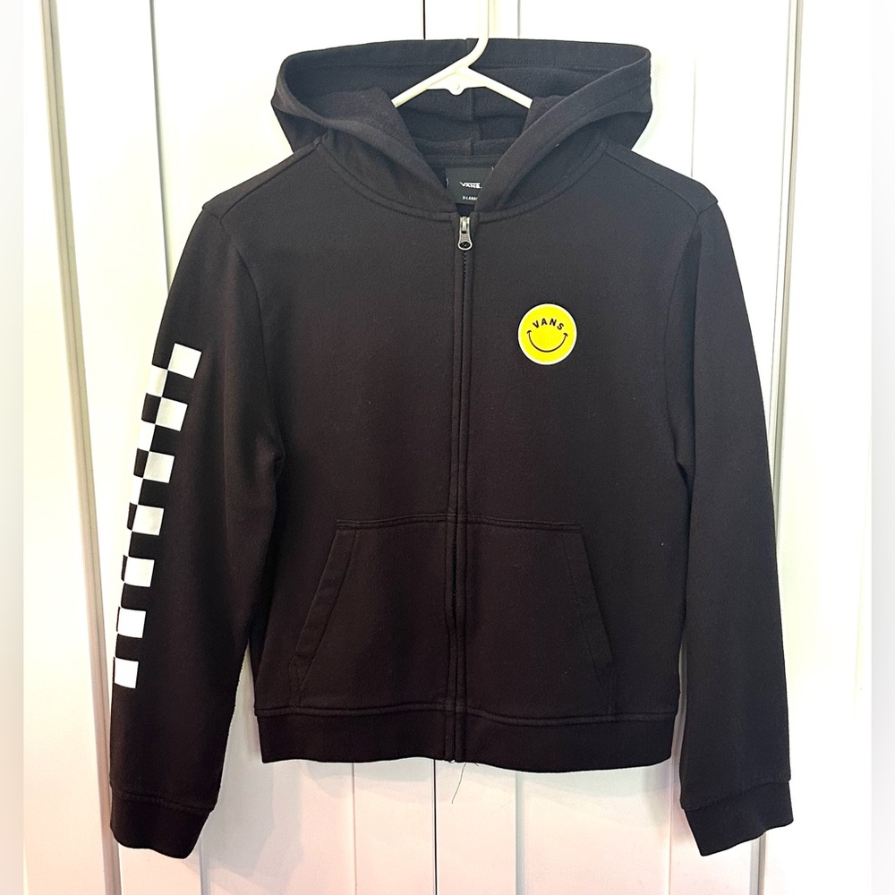 Vans Kids Black Hoodie with Smiley and Checkered Sleeve